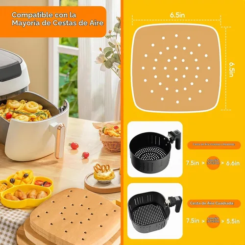 Vista 2 de Katbite 200 piezas de 6.5 pulgadas, revestimientos cuadrados sin blanquear, papel pergamino perforado resistente para freidora de aire, cesta