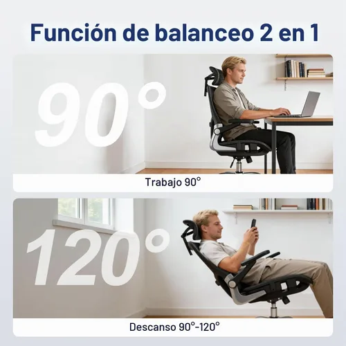 Vista 8 de marrap Silla de oficina ergonómica, silla de escritorio de malla con reposabrazos 3D, soporte lumbar ajustable y reposacabezas, función mecedora