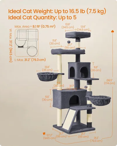 Vista 5 de Feandrea Árbol para gatos, torre para gatos de 68.5 pulgadas de alto, condominio de felpa de varios niveles con percha grande, postes rascadores