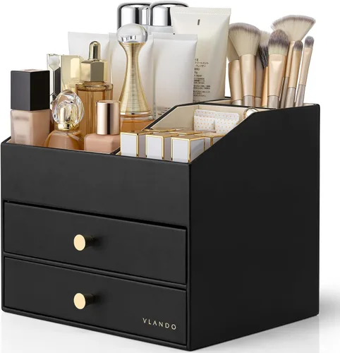 Vista 17 de Organizador de maquillaje Vlando, organizador para el cuidado de la piel para tocador, organizador de maquillaje de PU con cajones, estuche