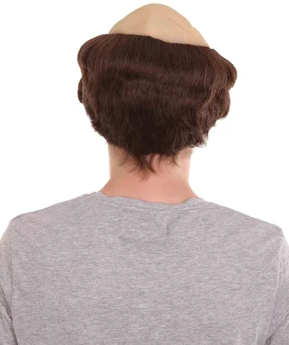 Vista 4 de Peluca de padre fraile calvo marrón para hombre adulto, cabello liso marrón con gorra calva de piel, perfecta para tu fiesta de Halloween y cosplay
