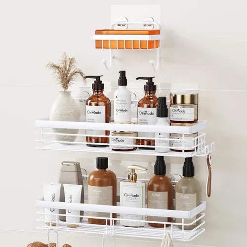 Vista 10 de Orimade Organizador de ducha con 5 ganchos para colgar maquinilla de afeitar y esponja, estante de ducha adhesivo, cesta de almacenamiento de baño