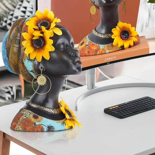 Vista 4 de Esculturas de arte africano, estatuas modernas de mujeres africanas, decoración de habitación, figuras africanas de resina, estatua de busto
