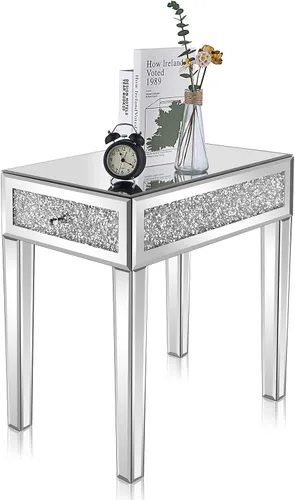 Vista 9 de VINGLI Mesa auxiliar estrecha con espejo, pequeña mesa auxiliar para sofá/sofá/cama con almacenamiento, mesita de noche de cristal delgada