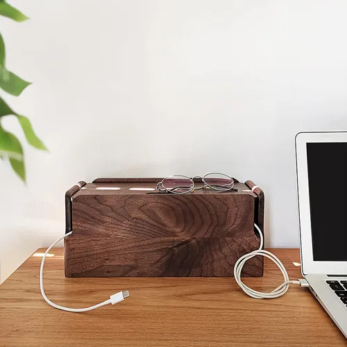 Vista 7 de Black Walnut Cable Management Box - Large Organizer for Power Strips & Cords - Wooden Design - 12.2 x 5.9 x 5.1 inches - Durable & Stylish Storage
