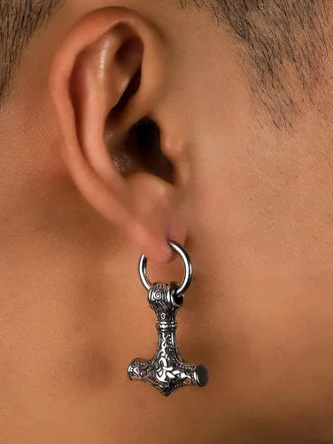 Vista 6 de HAQUIL Viking Jewelry - Amuleto vikingo con diseño de hacha de lobo y runa Mjolnir, aretes colgantes para hombres y mujeres