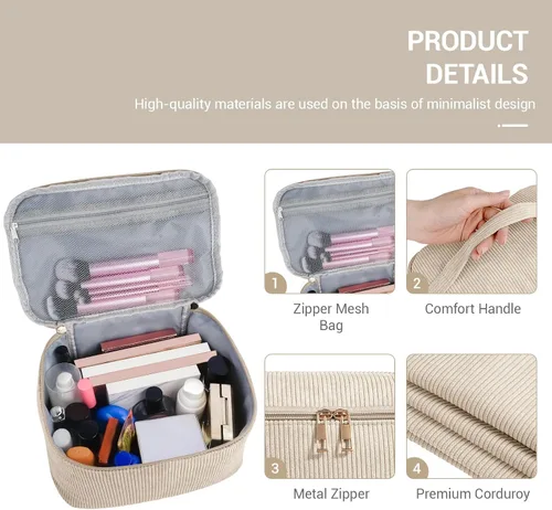 Vista 4 de MAGEFY Pequeña bolsa de maquillaje para bolso, mini bolsa de cosméticos de pana, linda bolsa cosmética para mujeres con bolsillos deslizantes