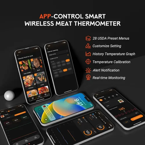 Vista 5 de Termómetro inalámbrico para carne - Termómetro digital inalámbrico 5G Wi-Fi y Bluetooth 5.4 para asar y ahumar con sondas duales IP67 y pantalla LCD