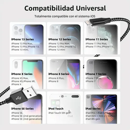 Vista 7 de Cable de carga para iPhone de carga rápida, paquete de 3 unidades de 10 pies, cable Lightning certificado MFi de Apple, cable de carga para iPhone