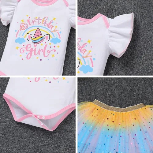 Vista 5 de IDOPIP Conjunto de 5 piezas de ropa para bebé con diseño de arco iris para 1er 2 3 cumpleaños para niña