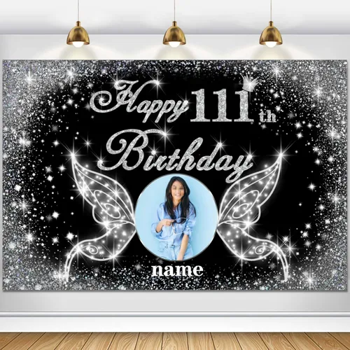 Vista 112 de Cartel personalizado de decoración de fiesta de cumpleaños número 100 - tema de alas de ángel - negro y plateado HY-NLK-100º
