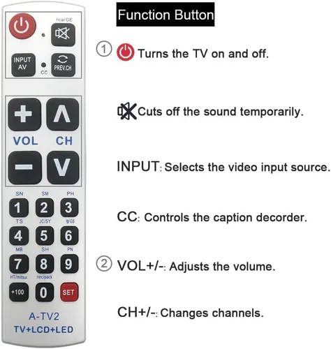Vista 3 de LuckyStar - Control remoto universal con botón grande A-TV2, ajuste inicial para Lg, Vizio, Sharp, Zenith, Panasonic, Philips, RCA, pone la batería