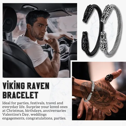 Vista 5 de Bestyle Brazalete vikingo de acero inoxidable pesado para hombres y niños, pulsera ajustable abierta de cuervoloboruna, vintage, retro, joyería
