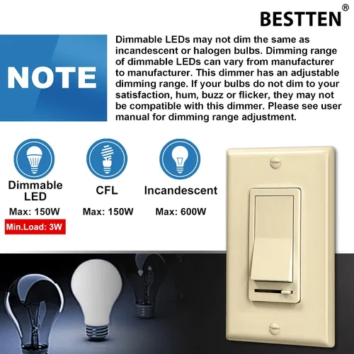 Vista 7 de BESTTEN Paquete de 2 interruptores de luz de pared con atenuador de almendra, compatible con LED regulable, CFL, bombilla incandescente y halógena
