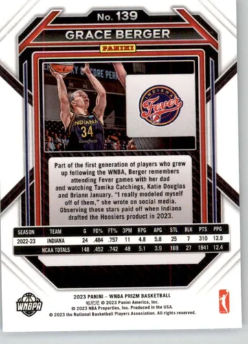 Vista 2 de 2023 Panini WNBA Prizm #139 Grace Berger RC Rookie Indiana Fever Official Womens Basketball Trading Card