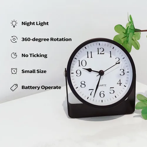 Vista 4 de Reloj despertador analógico, silencioso sin tictac, funciona con pilas con luz suave nocturna bajo demanda, reloj de escritorio de metal giratorio