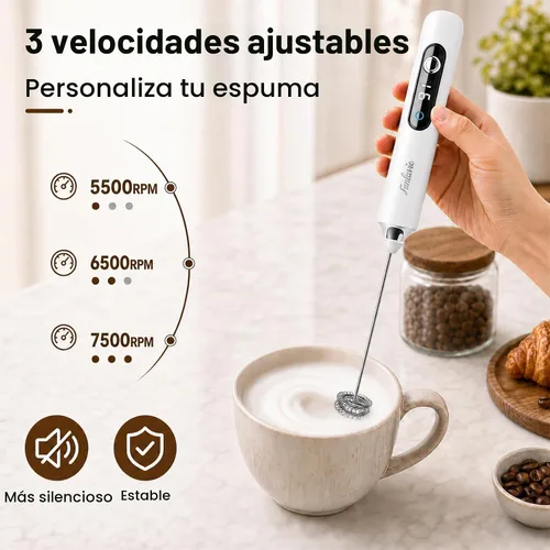 Vista 2 de Varita espumadora de leche de mano recargable con soporte de clip Blanco-Manos Libres
