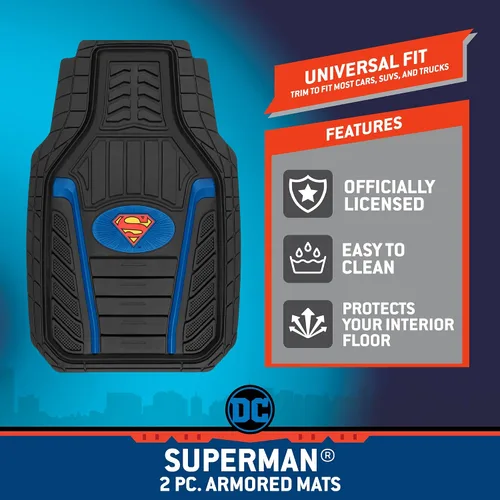 Vista 2 de BDK Warner Bros DC Comics Armored Superman Todo Tipo de Clima, Tapetes de Goma Resistente Universal para Coche, Agarre Antideslizante, 2 Piezas