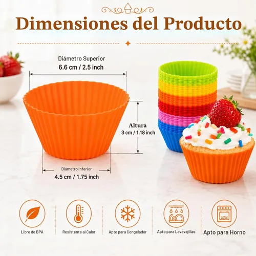 Vista 2 de RAINFLOW Paquete de 36 tazas de silicona para hornear cupcakes, reutilizables y antiadherentes, mini moldes de silicona para muffins, forros