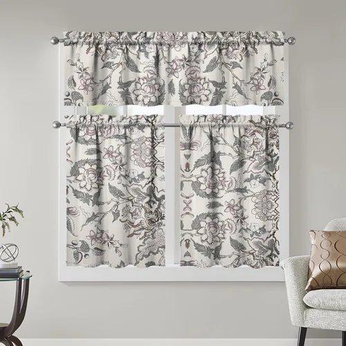 Vista 12 de Juegos de cortinas bohemias de cocina para ventanas, cortina bohemia con flores, cenefa para ventana de fregadero, juego de 3 piezas, decoración