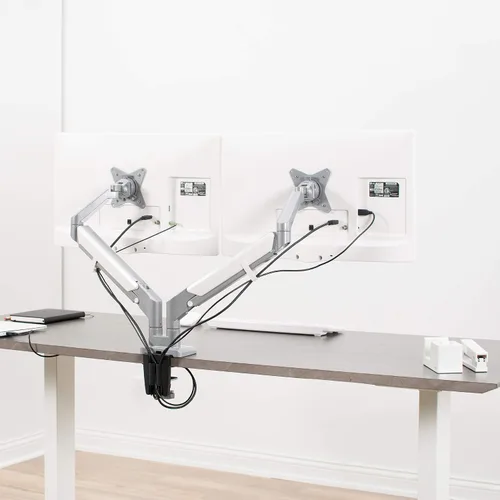 Vista 2 de VIVO Brazos de resorte neumáticos dobles de 17 a 32 pulgadas que ahorran espacio, soporte de escritorio con abrazadera de aluminio, se adapta a 2