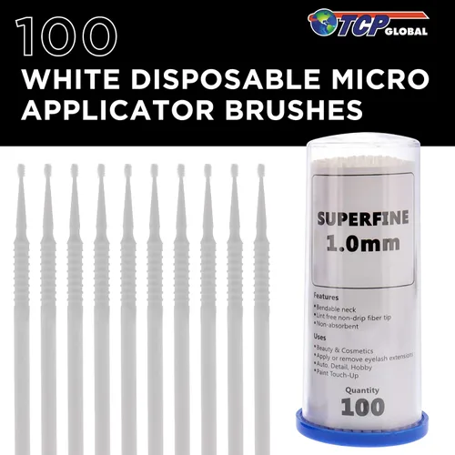 Vista 2 de TCP Global 100 cepillos de retoque de pintura, aplicadores tipo cepillos micro descartables, blancos con puntas finas de 1,0 mm, para taller