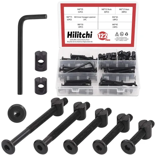 Vista 7 de Hilitchi M6 - Juego surtido de 120 tornillos de cabeza hexagonal negra, tuercas de barril para cuna, cama de bebé, muebles, cunas y sillas