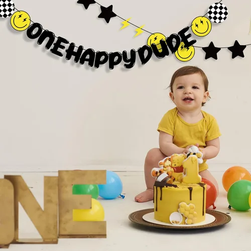 Vista 4 de Crowye Cartel de primer cumpleaños con texto en inglés "One Happy Dude - Cartel de primer cumpleaños hippie con cara sonriente para suministros