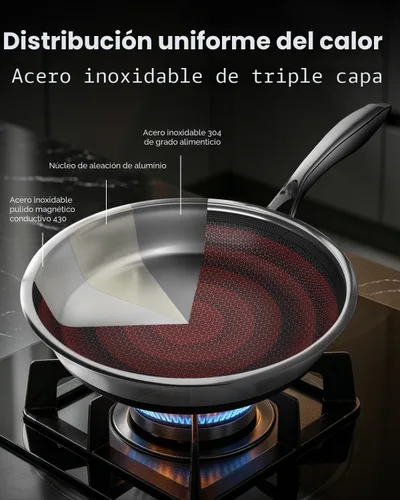 Vista 2 de FogDream Sartén antiadherente de 10 pulgadas con tapa, sartén híbrida de acero inoxidable de panal, compatible con inducción de tres capas, sartén