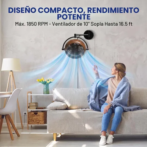 Vista 3 de Wall Mount Fan with Folding Arm 10 Inch Small RV Wall Fan Quiet Oscillating Nogal