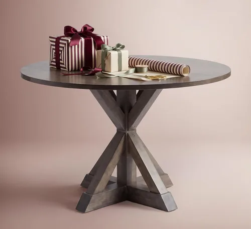 Vista 9 de Mesa de comedor redonda Serta Alfred de madera maciza rústica para decoración de cocina estilo granja, base de pedestal en forma de trébede de beige