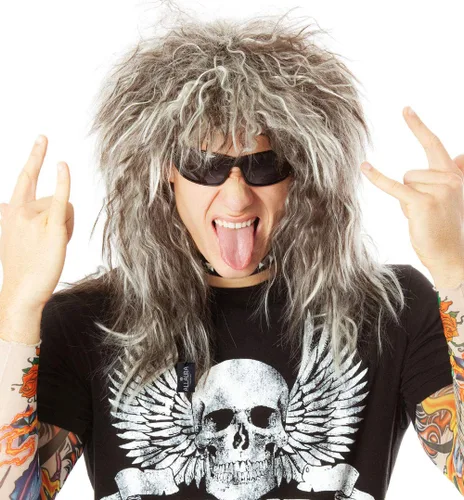 Vista 3 de ALLAURA Conjunto de peluca rockera de los años 70 y 80 para hombre + tatuajes de disfraz. Banda para el pelo glamorosa Rockstar Mullet peluca +