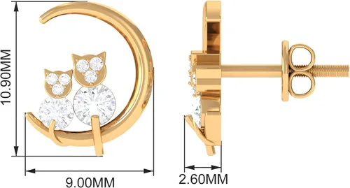 Vista 7 de 0.50 CT Diamond Stud Earrings for Women, Diamond Gold Moon Stud Earrings, Diamond Cat Stud Earrings, April Birthstone Jewelry, 14K Solid Gold