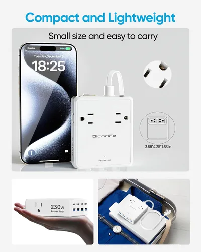 Vista 9 de Olcorife Tira de alimentación USB de 230 W, cable de extensión de enchufe plano ultrafino de 5 pies, 4 salidas de CA, 8 puertos USB