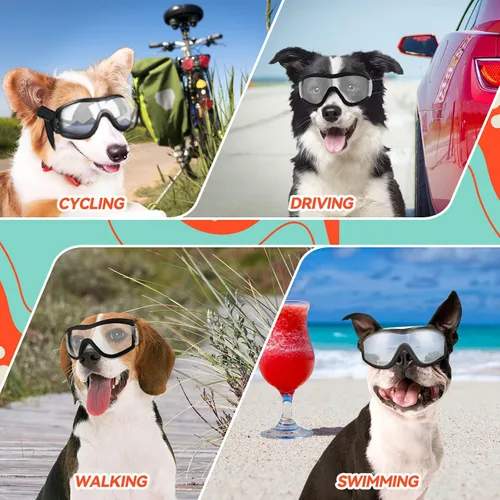 Vista 7 de Gafas de sol para perros de razas grandes, juego de 2 piezas de protección UV negra y transparente, resistente al viento para perros medianos a