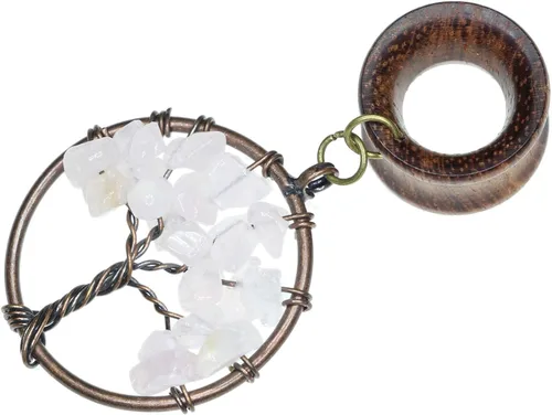 Vista 4 de Kit de dilatación de aretes de madera de cuarzo rosa hecho a mano con diseño de árbol de la vida
