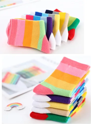 Vista 3 de Litomatic Calcetines de algodón sin costuras para niñas, calcetines casuales para niños, calcetines escolares con rayas de arcoíris, paquete de 5