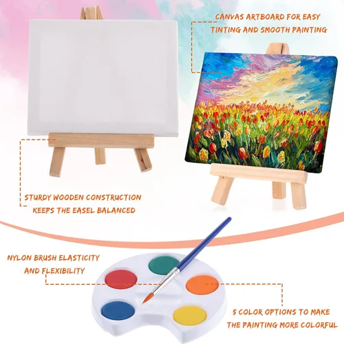 Vista 3 de Glenmal Juego de pintura de acuarela de 3 x 4 pulgadas, lienzo pequeño con pinturas de caballete, juego de pinceles para niños, recuerdos de fiesta
