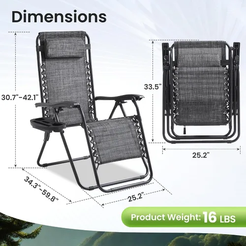 Vista 3 de Zero Gravity - Juego de 2, sillas de patio reclinables ajustables de 7 posiciones con bandeja portavasos, reposacabezas acolchados, silla plegable