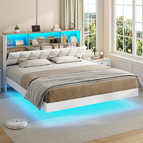 Vista 15 de VIAGDO Base de cama flotante tamaño Twin con cabecera y almacenamiento, base de cama tapizada de plataforma Twin con estación de carga USB y Tipo C