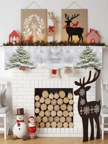 Vista 3 de Bufanda de manto de 70 x 17 pulgadas, árbol de Navidad, árboles de invierno, bosque, copos de nieve, chimenea, mantel, cubierta de mantel