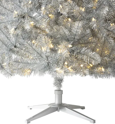 Vista 3 de Treetopia Árbol de Navidad artificial plateado sin luz de 8 pies, árbol de oropel de polvo de estrellas plateado