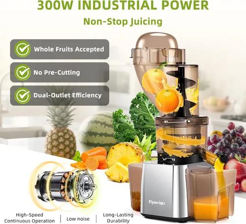 Vista 4 de Exprimidores comerciales de prensa en frío de 300 W, doble salida para jugo y pulpa, alto rendimiento, exprimidores de masticación, acero inoxidable