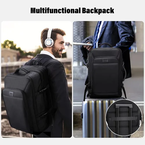 Vista 5 de HOMIEE Mochila de viaje de 22 x 14 x 9 aprobada por aerolíneas de 50 L, mochila de viaje extragrande expandible para laptop, color negro