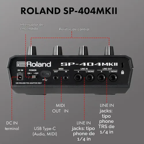 Vista 5 de Roland SP-404MKII Paquete creativo de muestreador y efector con cable MIDI, cable de instrumento y paño de pulido de Austin Bazaar