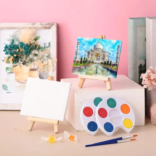 Vista 5 de Glenmal Juego de pintura de acuarela de 3 x 4 pulgadas, lienzo pequeño con pinturas de caballete, juego de pinceles para niños, recuerdos de fiesta