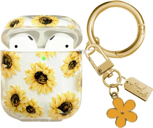 Vista 8 de Funda compatible con AirPods, funda de TPU suave con bonito patrón de flores para AirPods de 2 y 1 generación con llavero colgante y mosquetón