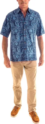 Vista 6 de Johari West Camisa de batik hawaiana tropical de verano de Antigua, Azul
