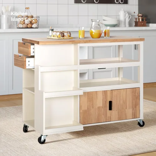 Vista 9 de Sophia & William Carrito de isla de cocina con ruedas con bandeja extensible, estante ajustable y puerta de cristal, isla de almacenamiento móvil