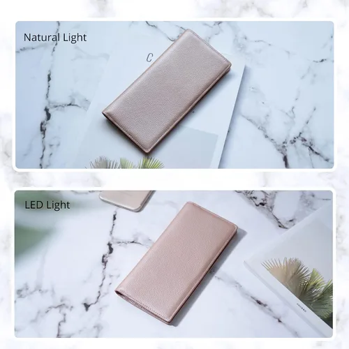 Vista 4 de Bveyzi Billeteras de cuero ultrafino con bloqueo RFID para tarjetas de crédito, billetera plegable para mujer, Oro Rosa, Cartera Rfid